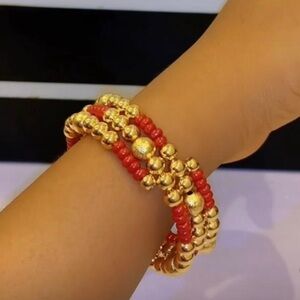 🌟 NEW Gold and Red Beaded Stretch Bracelet Set - Elegant Statement Piece